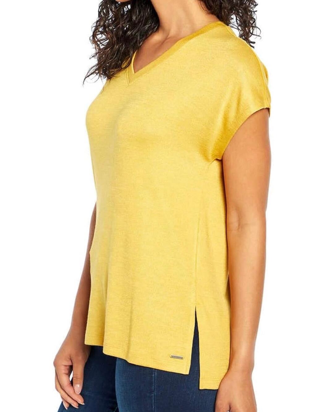 Orvis Mustard Yellow Knit Top V Neck Coastal Grandma Minimal Chic